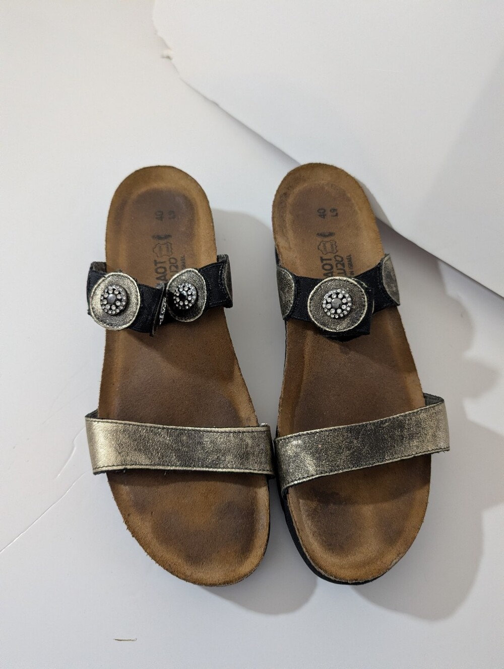 Naot Black Leather Slide Sandals with Decorative Rhinestones and cork wedge sole